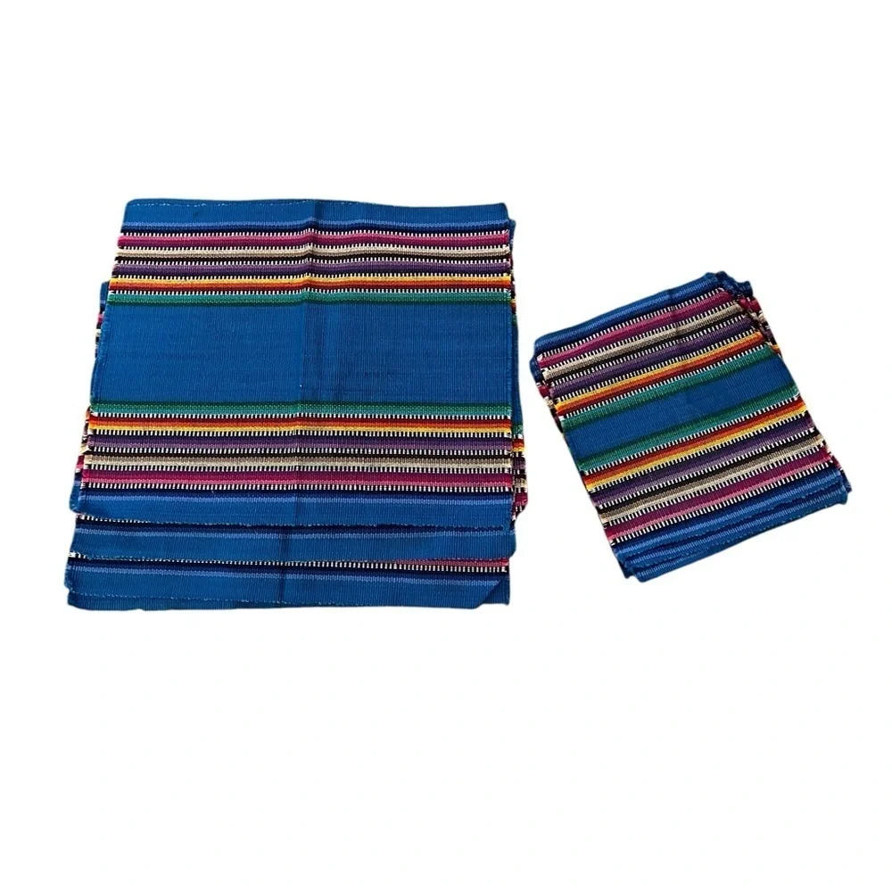 SERAPE STRIPE Set of 6 Smaller Multicolor Woven Cotton Placemats & Napkins, Blue
